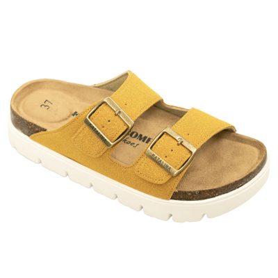 דגם: 490 COMFORT כפכפים אורטופדים פלטפורמה 2 אבזמים - חרדל דמוי זמש חדש! מבצע זוג שני רק 100 ש"ח !